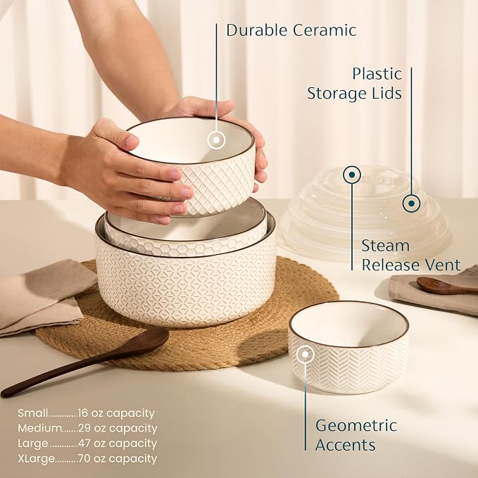 KooK Serving Bowls, with Lids, Ceramic Nesting Bowls, Set of 4, Embossed, Kitchen, Prep, Stackable, Gift, Microwave and Dishwasher Safe, 16/29/47/70 oz, Narbonne Collection (Ivory) - Image 3