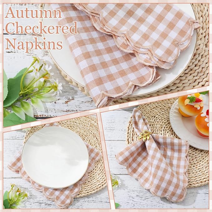 SmoothNovelty 6 Pack Buffalo Plaid Cloth Napkins 18x18 Inch Checkered Cloth Napkins Scalloped Soft Cotton Table Mat Washable Reusable for Dinner Wedding Holiday Birthday Parties (Classic,Khaki) - Image 3