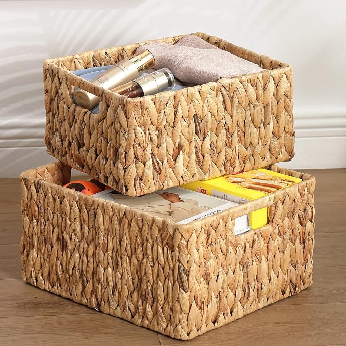 HOONEX Water Hyacinth Storage Baskets, Wicker Baskets for Organizing, Hand Woven Baskets with Carry Handles, Set of 2, Natural - Image 5