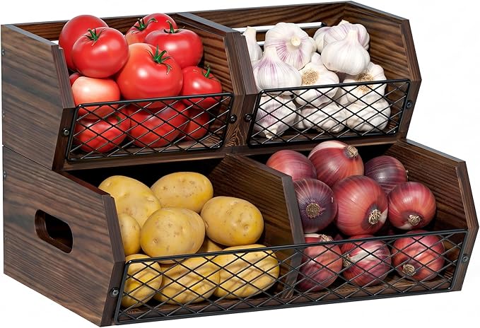 Wood Potato and Onion Storage Bins, Stackable Pantry Organizer, Rustic Produce Storage Baskets for Vegetable, Fruit and Snack by Yelinkws