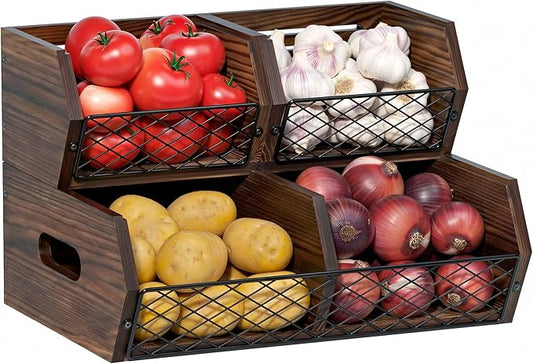Wood Potato and Onion Storage Bins, Stackable Pantry Organizer, Rustic Produce Storage Baskets for Vegetable, Fruit and Snack by Yelinkws