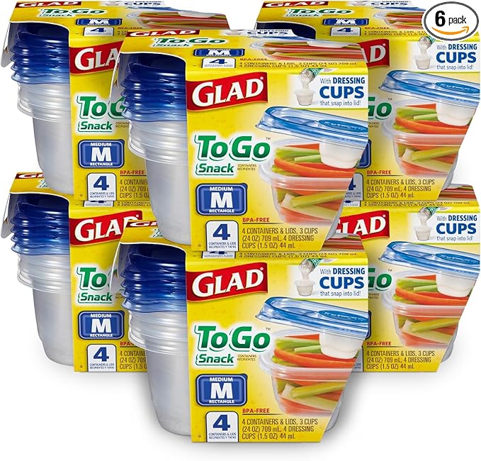 Glad GladWare To Go Lunch Containers with Dressing Cup, 32 Oz, 4 Ct, 6-Pk | Built-in compartment keeps sauces separate, ideal for salads and packed lunches, freezer safe by GladTrashFoodStorage