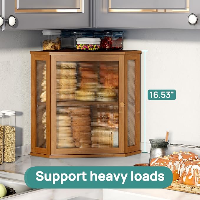 viewcare Corner Bread Box for Kitchen Counter, Bamboo Wood Large Capacity Bread Storage Bin with Acrylic Wavy Door Panel (Brown, Extra Large) - Image 3