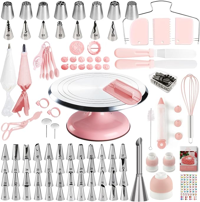 Cake Decorating Kit, 138pcs Cake Decorating Supply with Aluminium Cake Turntable, 64 Numbered Icing Piping Tips, 2 Spatulas, 3 Icing Comb Scraper and Leveller, 32 Piping Bags,cake decorating tool by BOYUN