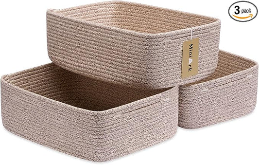 MiniArk Large Shallow Organizing Baskets 15x11x5.1 Inches - Rope Woven Storage Bins for Bathroom, Shelves, Cube Closet, Mixed Brown 3 Packs by MiniArkStorageBasketsHome