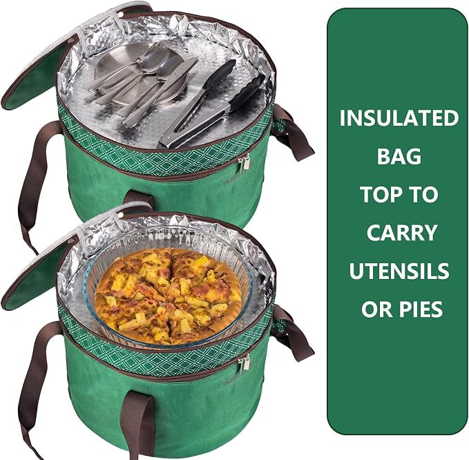 2 Pack Pie Carrier with Lids and Handles, Loadable Cupcake or Pizza Storage Containers, Includes Insulated Bags and Insulated Non-Slip Pads, Perfect for Transportation (Green) - Image 8