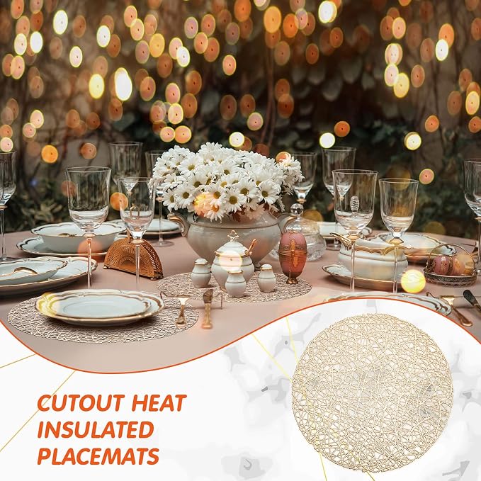 Sieral 12 Packs Gold Round Placemats 15 Inch Hollow Out Pressed Vinyl Place Mats Heat Resistant Woven Gold Placemats for Christmas Dinner Table Winter Holiday Party Wedding Centerpiece Decoration - Image 4