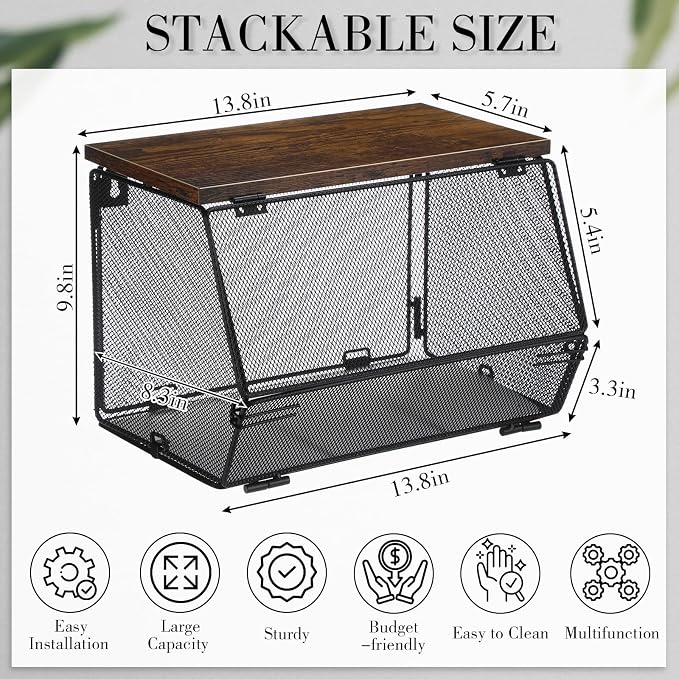 Teenyyou 2 Pcs Stackable Mesh Fruit Basket with Lid Wall Produce Vegetable Storage Basket Onion Potato Hanging Metal Wire Container for Kitchen Counter Pantry(Non-removable,Black,8.3" w & 13.8" l) - Image 2