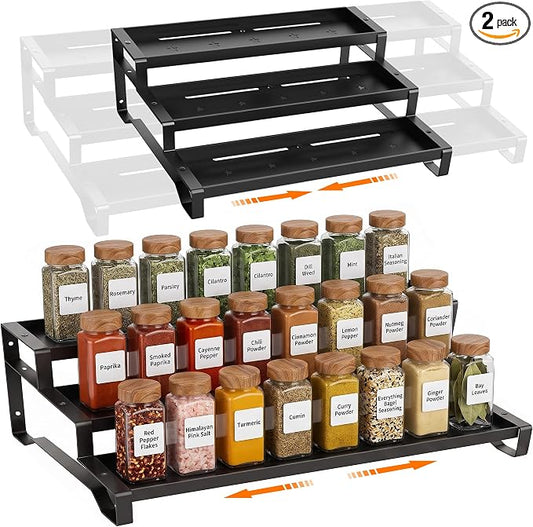 2 Pack Spice Rack Organizer for Cabinet, 13-21.5" Expandable Spicy Shelf | 9.45" Depth 3-Tier Black Metal Seasoning Organizer, Kitchen Spice Organization, Slip-Resistant Guardrails for Jars and Cans by PEEKUP