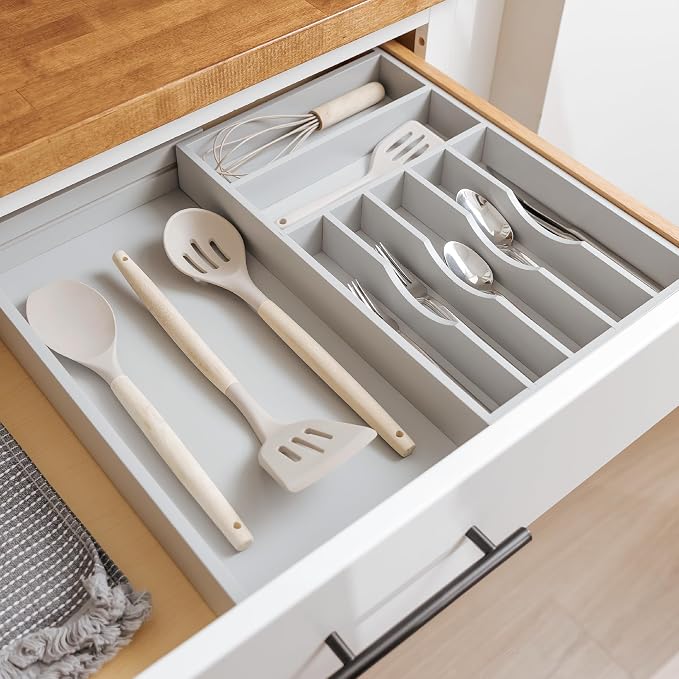 Silverware & Utensil Drawer Organizer, 10.5-19 in, Gray Bamboo | Cutlery, flatware, food-safe contract grade, kitchen drawer fit - Image 7