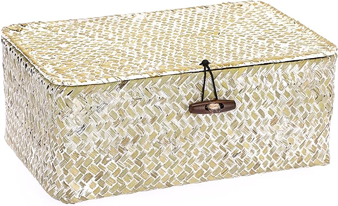 Hipiwe Small Woven Wicker Shelf Basket Bin with Lid Natural Seagrass Basket | Basket Storage Boxes for Shelf, Multipurpose Home Organizer Bins for Closet Bedroom Living Room Home Decor, Whitewash by Hipiwe