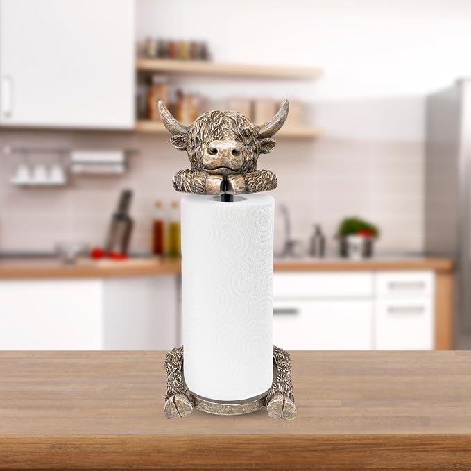 Rustic Highland Cow Paper Towel Holder - Resin Metal Farmhouse Decor Stand | Unique country-style kitchen/dining countertop organizer, adorable animal figurine display, ideal gift, fits standard rolls - Image 6