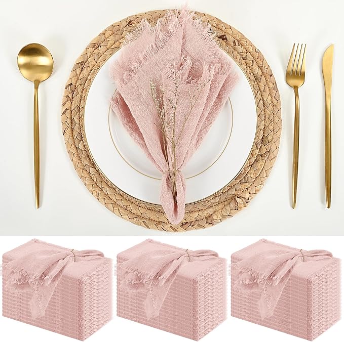 50 Pack Pink Cloth Napkins, 16 x 16 Inch Cotton with Fringe Settings | Handmade washable reusable cotton dinner napkins in bulk for weddings, parties, rustic boho table settings by FXKS