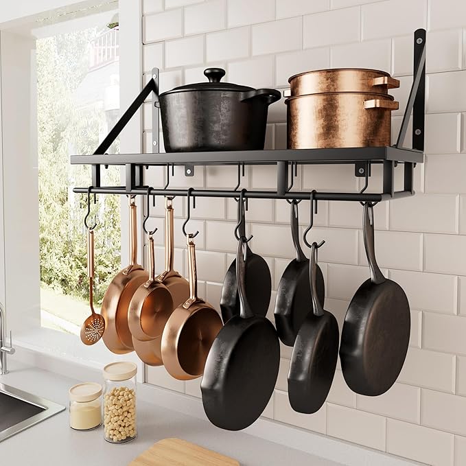 KES 24 Inch Kitchen Pot Pan Rack Wall Mounted, 10 Hooks, Matte Black | 88lbs Load Capacity, Heavy Duty, Cast Iron Pots and Pans Organizer, Hanging Storage, Wall Shelf, Space Saving, KUR215S60-BK by KES