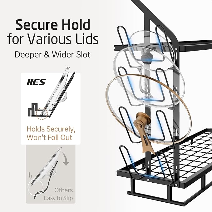 KES 30-Inch Pot Rack Wall Mounted, 8 Secure Lid Holders & 12 Sturdy Hooks | 2-Tier Kitchen Hanging Pot and Pan Organizer, Ample Storage for Tall Cookware, KUR215S75C-BK - Image 4