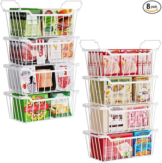SUNALLY Freezer Organizer Bins, 8 Pack Stackable Pantry Storage Bins, White | Chest Freezer Organizer for 5-7 Cu.FT Deep Freezer to Sort Frozen Meats & Food, Wire Baskets for Pantry Organizers & Storage by SUNALLY
