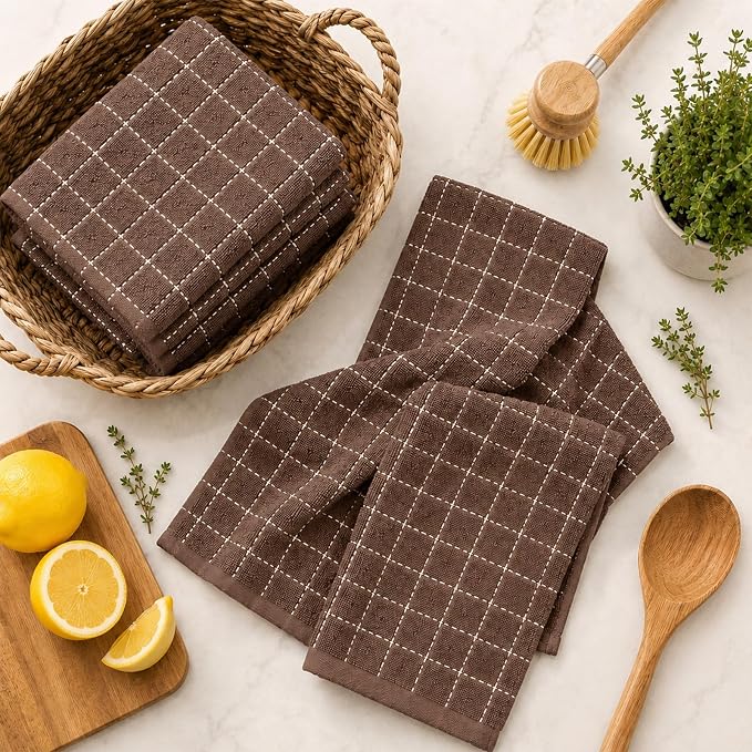 Kitinjoy 100% Cotton Terry Kitchen Towels, 13”x 28”, 6-Pack, Brown | Checkered Designed, Ultra Soft Absorbent Quick Drying Dish Towels - Image 9