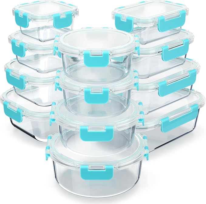 Bakken Borosilicate Glass Food Storage Containers with Lids 24 Pieces, BPA-Free Stackable Lunch & Leftover Containers, Microwave, Freezer & Dishwasher Safe, 100% Airtight Leak-Proof, Aqua by BAKK%C3%8BNMASTER