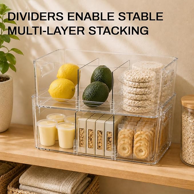 Mpotmiy 4-Pack Pantry Organizers and Storage, Clear Fridge Organizer Bins | Clear stackable plastic bins with removable dividers for packets, snacks, pouches and spices in pantry, fridge or freezer. - Image 5