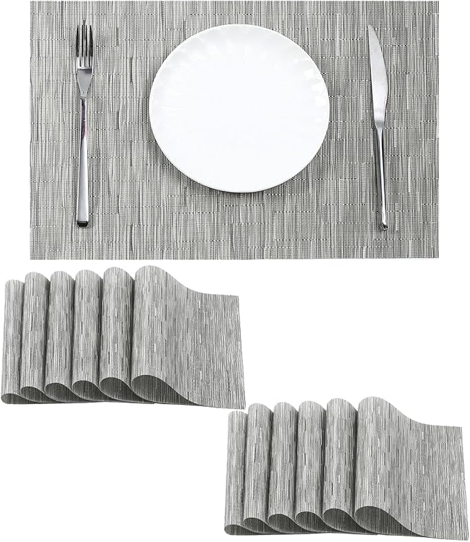 Leetaltree Silver Placemats Set of 12 - Heat Resistant Non-Slip Place mats for Dining Table, Washable Durable PVC Vinyl Woven Table Mats（Sliver, 12） by Leetaltree-ArtatEveryTable
