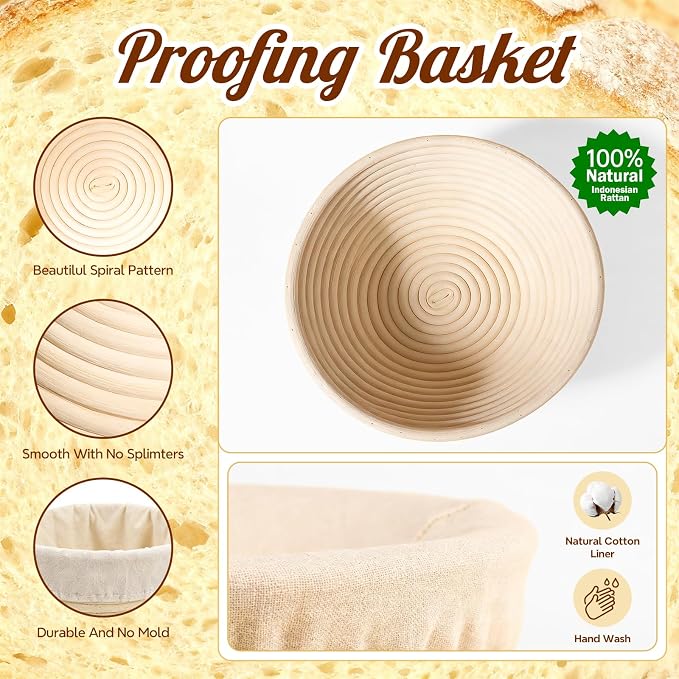 Sourdough Starter Kit, Sourdough Bread Baking Supplies, Round & Oval Banneton Bread Proofing Basket, Bread Sling, Starter Jar, Dough Whisk, Scrapers, Stencils & Bag, Complete Sourdough Kit Gifts - Image 3
