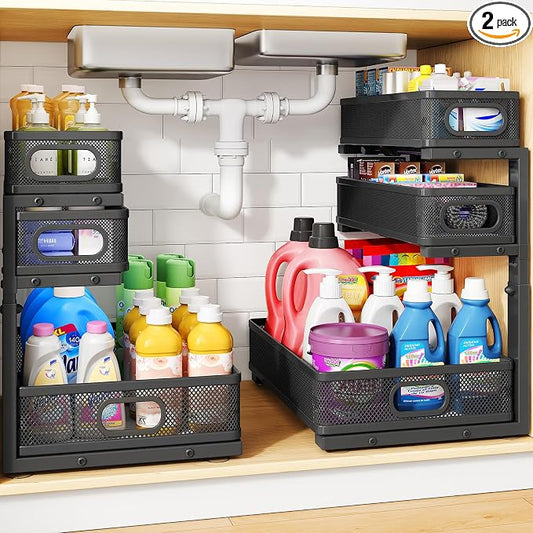 Under Sink Organizer, 3-Tier Thickened Metal Pull out Cabinet Organizer Shelf, Height Adjustable Slide out Storage Drawer Rack for Kitchen Bathroom Pantry Laundry Home Organization, 2-Pack, Black | 35% More Storage Capacity, Carbon Steel, Hold Up 55lbs... by HERJOY