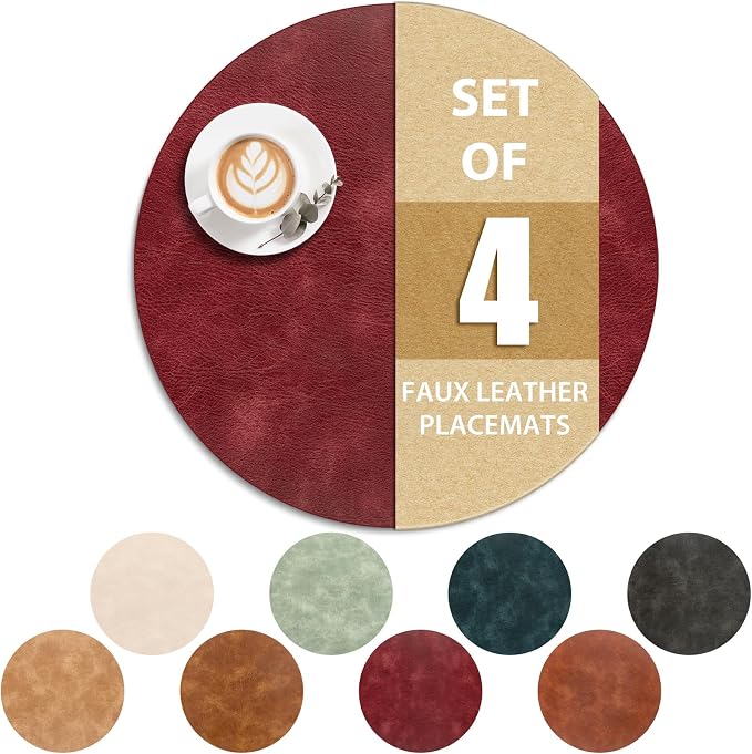 ADRIMER Placemats, Heat Resistant Round Placemats Set of 4 Washable, Waterproof Table Mats, Wipeable Faux Leather Place Mats for Kitchen, Dining Room, Wine Red by Adrimersdreamistobeanindispensablecompanioninyourlife