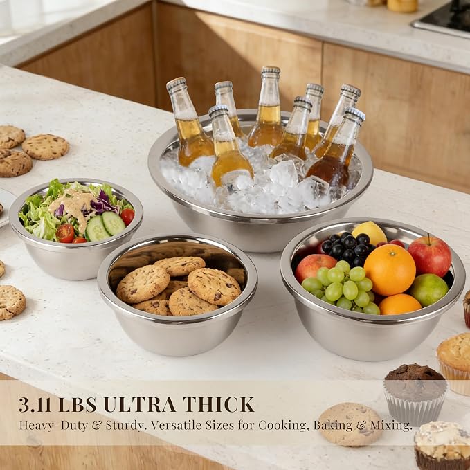 Metal Mixing Bowls Set of 4, Stainless Steel, Nesting | 1.3, 1.9, 3.5 and 7.4 qt sizes with wide rolled rims, flat bases and deep bowls for baking, dough and salad prep - Image 5