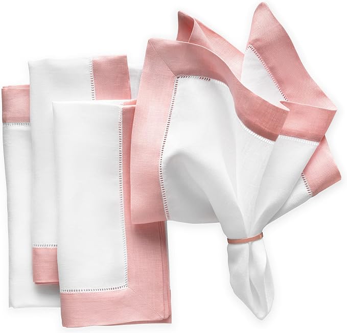Linen Dinner Napkins 20 x 20 inch - 100% Pure Linen White and Pink Dinner Cloth Napkins Set of 4 - Classic Hemstitch Cloth Napkins Washable for Spring and Easter Decor by OlucioAuthentiqueHome
