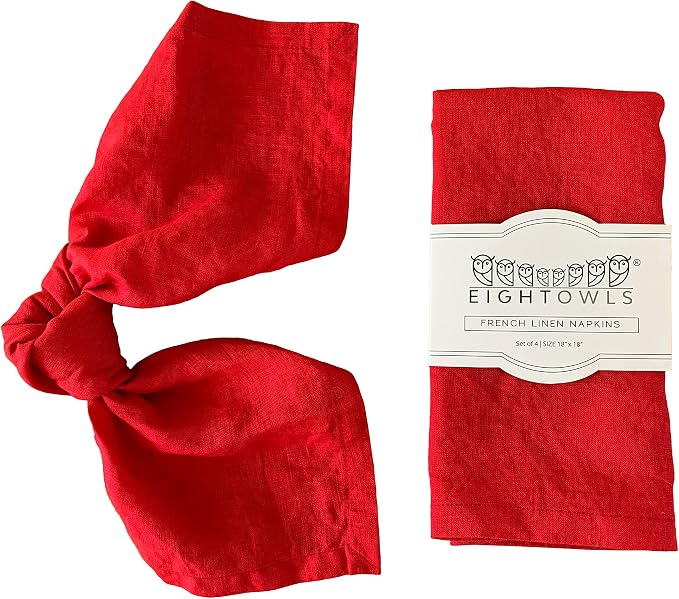 Linen Napkins –100% French Flax – Stonewashed Pure Linen Cloth Napkins - Size 18 Inch x 18 Inch – Set of 4 (Rich Red) by EightOwls