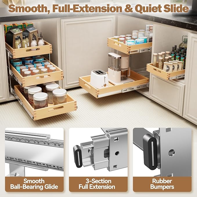 2 Tier Pull Out Drawers for Cabinets 21"W x 21"D, Farmeless&Farme | Full Slide Out Wood Drawer Shelf, Heavy Duty Caddy Pull Out Cabinet Organizer, Base Cabinet Organization for Kitchen, Pantry - Image 3