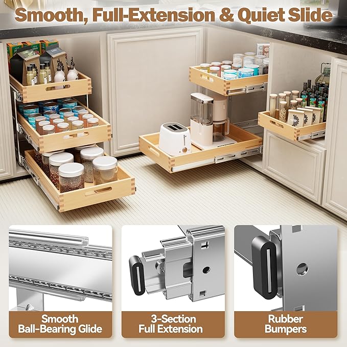 Pull Out Drawers for Cabinets 15"W x 21"D, Farmeless&Farme Cabinet | Full Slide Out Wood Drawer Shelf, Heavy Duty Caddy Pull Out Cabinet Organizer, Base Cabinet Organization for Kitchen, Pantry - Image 5