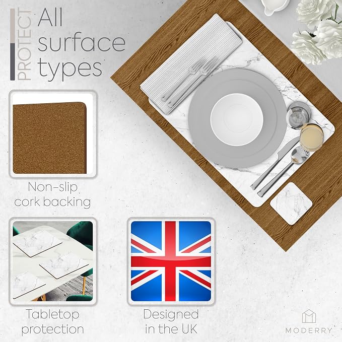 Set of 4 Heat Resistant Cork Placemats for Dining Table with Free Set of 4 Matching Drink Coasters Marble Design 16 x 12 Inches Cork Backed Hard Placemats (White Marble) - Image 5