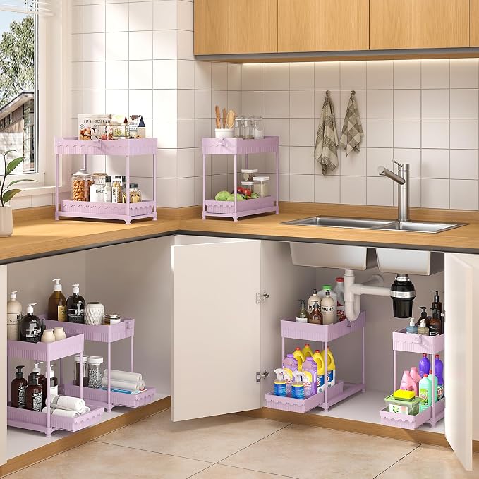 4-Pack 2-Tier Under Sink Organizer with Pull Out Drawers | Multi-use kitchen & bathroom storage. Includes hanging hooks and cups. Pink, space-saving cabinet design. 14.8 Inch - Image 5