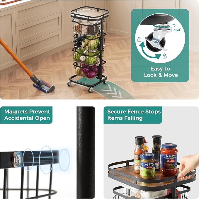 4 Tier Rotating Kitchen Storage Cart, Fruit Vegetable Potato Rack Stand | Patented Swivel Part Spin Smoothly Even Full. Rustproof. One-Piece Wire Bin Prevent Sagging. Keep Onion, Veggie, Spices Fresh - Image 5