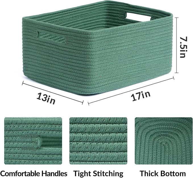 MiniArk Large Storage Baskets for Organizing, 17 x 13 x 7.5” Closet Shelf Baskets for Clothes Blanket Towels, Baby Nursery, Toy Bins Box, Woven Rope Baskets, 4 Packs Green - Image 2