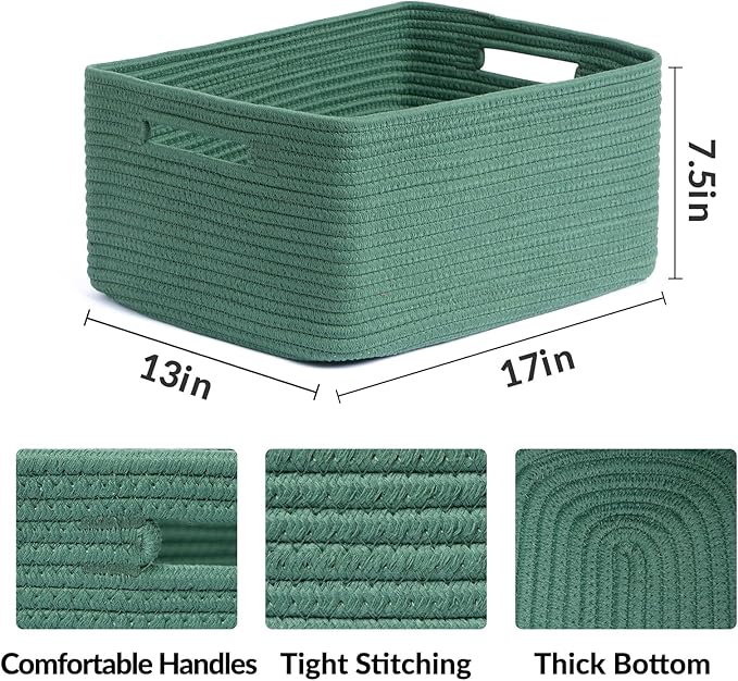 MiniArk Large Storage Baskets for Organizing, 17 x 13 x 7.5” Closet Shelf Baskets for Clothes Blanket Towels, Baby Nursery, Toy Bins Box, Woven Rope Baskets, 4 Packs Green - Image 2