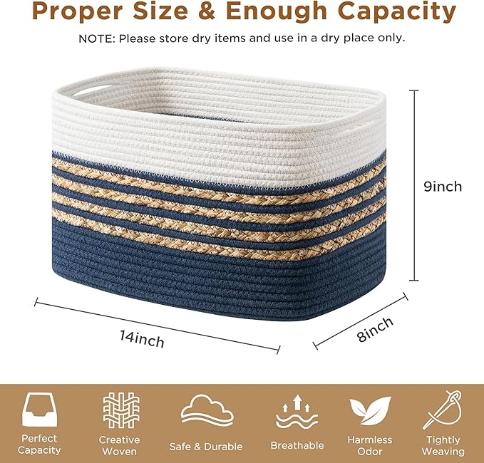 UBBCARE 1 Pack Baskets for Organizing, Woven Storage Baskets for Toys and Towel, Rectangle Cotton Rope Basket with Handles, 14''L x 8''W x9''H, Navy Blue - Image 2