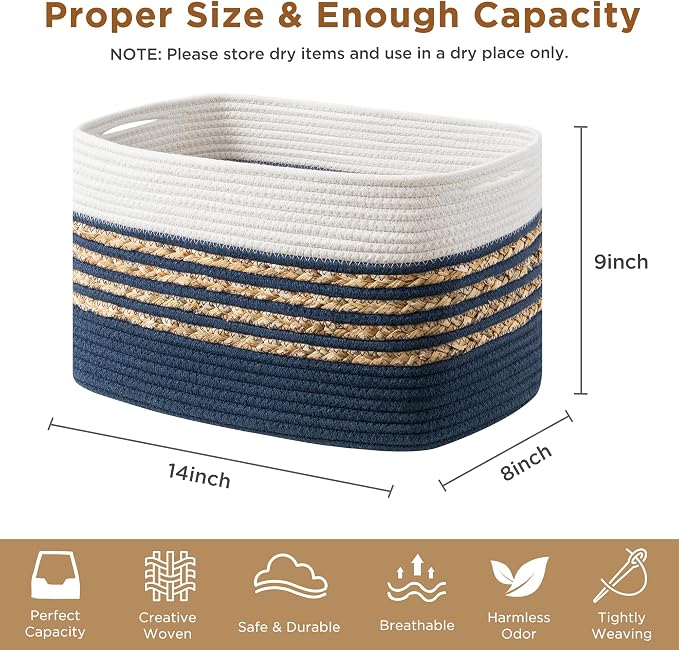 UBBCARE 4 Pack Baskets for Organizing, Woven Storage Baskets for Toys and Towel, Rectangle Cotton Rope Basket with Handles, 14''L x 8''W x9''H, Navy Blue - Image 2