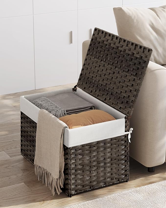 SONGMICS Storage Basket with Lid, Woven Blanket Storage Bin with Handles, Foldable, Removable Liner, Metal Frame, for Bedroom, Laundry Room, 27.7 Gallons (105 L), Brown URST066K01 - Image 4