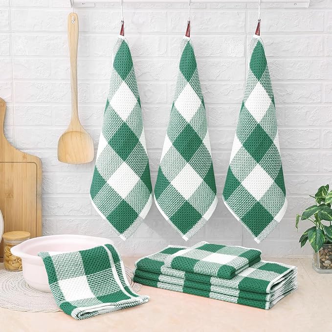 Homaxy Kitchen Towels and Dishcloths Set, Set of 12, White & Dark Green | Bulk Cotton Waffle Weave Check Plaid Kitchen Towels, Super Soft and Absorbent Dish Cloths, 12 x 12 and 13 x 28 Inches - Image 2
