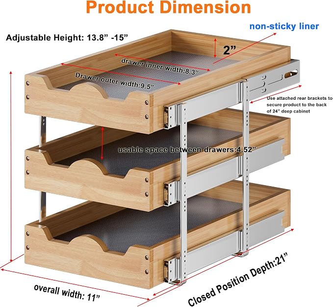 DINDON 3 Tier Pull Out Cabinet Organizer 11” W X21” D Slide Out Wood Drawer With Shelf Liner For Kitchen Pantry Organization - Image 2