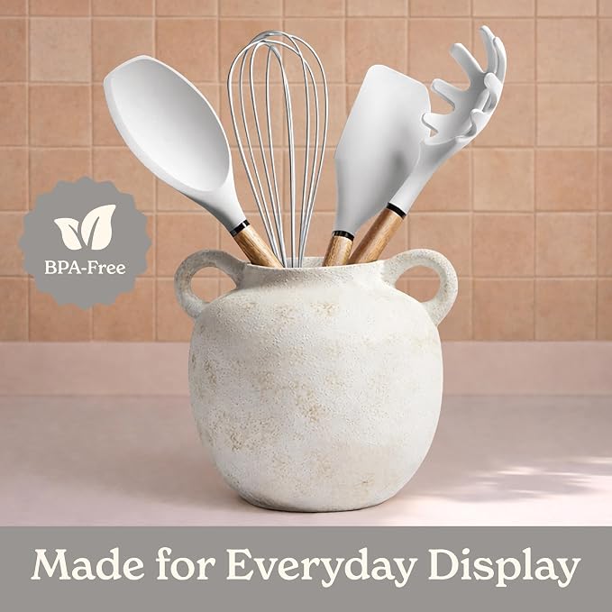 Country Kitchen Non Stick Silicone Utensil Set with Rounded Wood Handles for Cooking and Baking, 8 Piece Set, White - Image 6