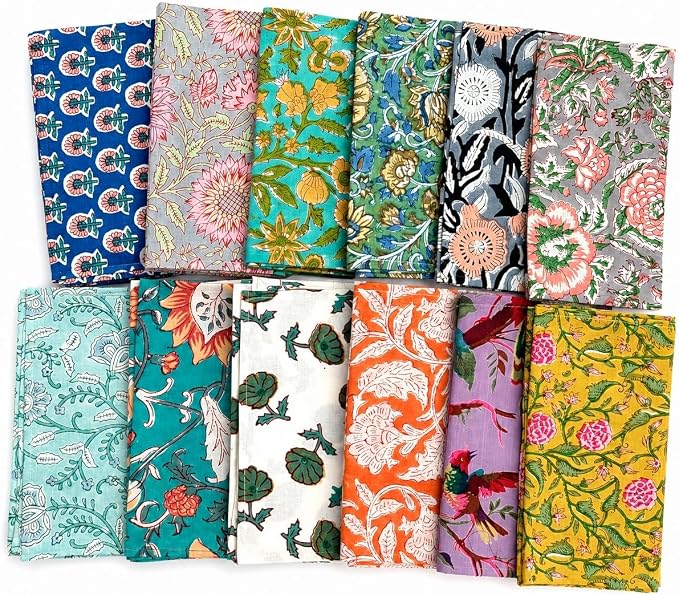 Mango Gifts 24-Piece Hand Block Print Cotton Cloth Napkins, 16 x 16 Inch, 100% Cotton Reusable Dinner Napkins, Assorted Floral Prints, Washable Table Napkins for Kitchen, Dining & Parties by MangoGifts