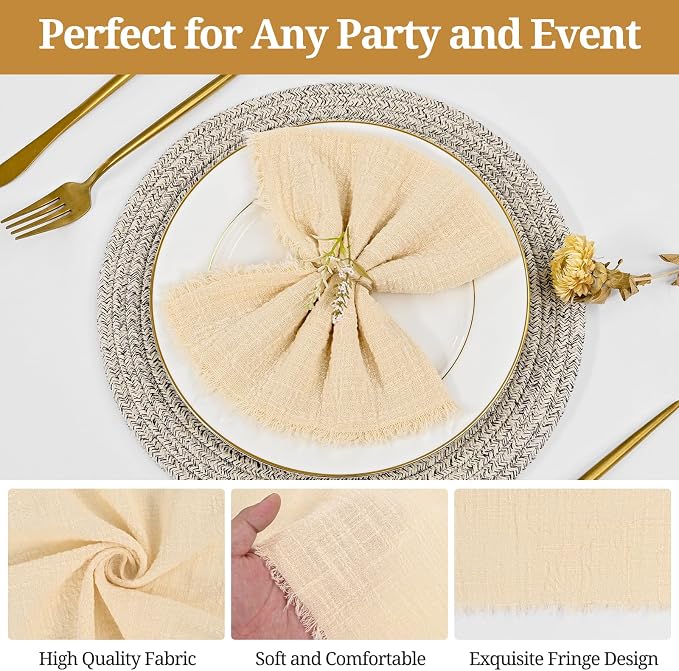 36 Pack Beige Cloth Napkins, 12 x 12 Inch Cotton with Fringe Settings | Handmade washable reusable cotton dinner napkins in bulk for weddings, parties, rustic boho table settings - Image 5