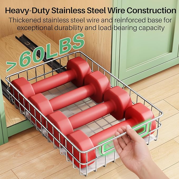 Pull out Cabinet Organizer, Stainless Steel 2-Pack Slide out Drawer with Silent Full-Extension Slides, Adhesive Roll out Can Spice Storage Basket Shelf Rack for Pantry, Kitchen, Bathroom, Home Closet - Image 4