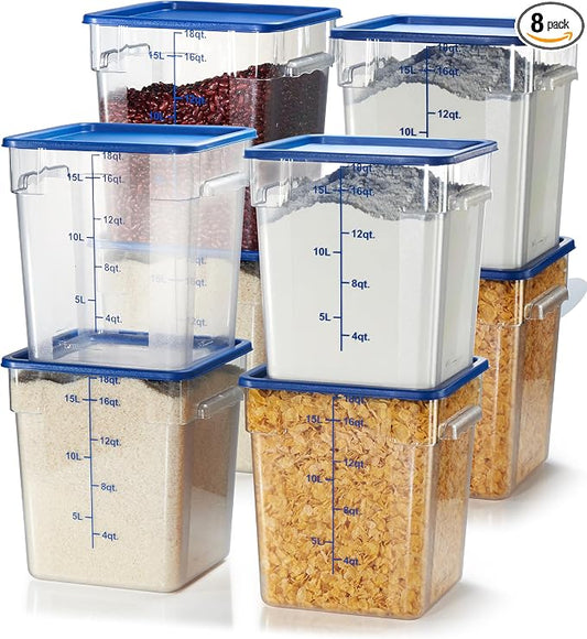 8-Pack 18 Qt NSF Clear Polycarbonate Food Storage Containers with Blue Lids - Square, Commercial-Grade, Freezer & Dishwasher Safe, Stackable by CURTA