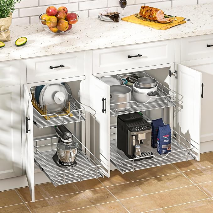 WelFurGeer 2-Tier Kitchen Cabinet Pullout Shelf and Drawer Organizer, Soft Close Pantry Pull Out Shelves, Heavy Duty Pull Out Cabinet Organizer with Shelf Liner for Kitchen Cabinets, Pantry Storage - Image 2