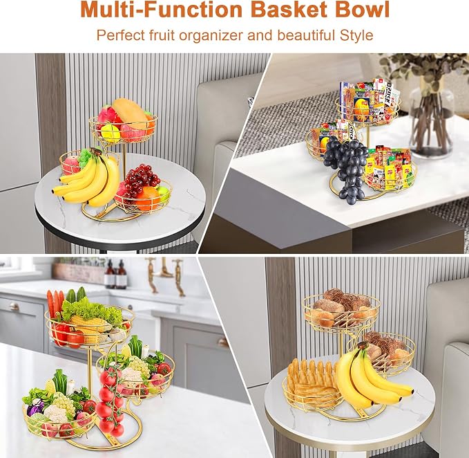 Livabber Fruit Basket Bowl with Banana Hanger, Fruit Vegetable Storage Basket with Banana Tree Holder for Kitchen Counter, Detachable Organizer for Bread Snack Produce (Gold, 3-Tier Metal Base) - Image 3