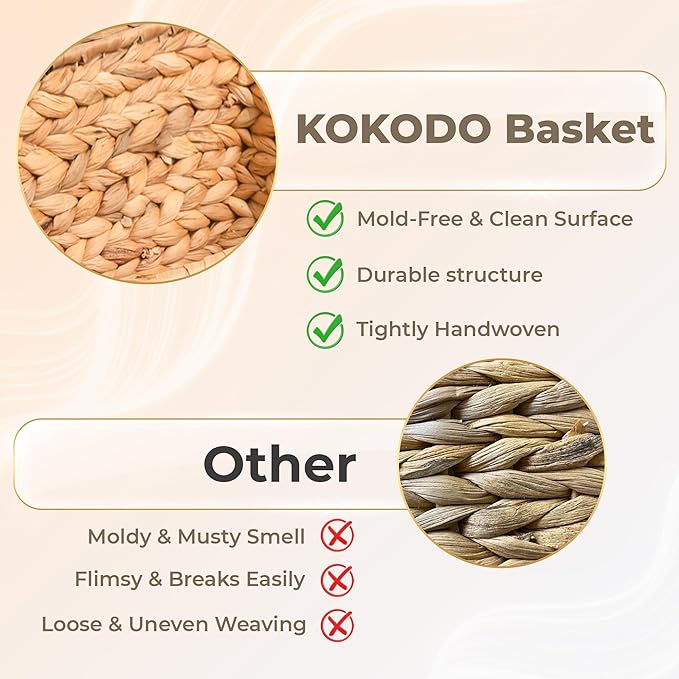 KOKODO Pack 3 Medium Wicker Storage Baskets with Handles, Stylish and Durable Water Hyacinth Rectangle Handwoven Basket Bin with Metal Frame & Handle for Room Organizing - Image 4